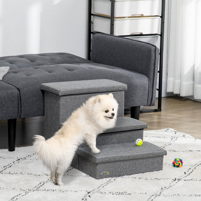 Pawhut Pet Stairs, 3-tier Dog Steps For High Bed Couch With Storage Box, Portable Pet Steps Home Lad