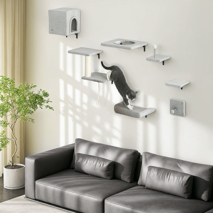 Pawhut Cat Wall Shelves, 7pcs Cat Shelves With Perches, House, Sisal Post Ladder, Bed & Ball, Ceiling Wall Mounted Cat Climber, Grey