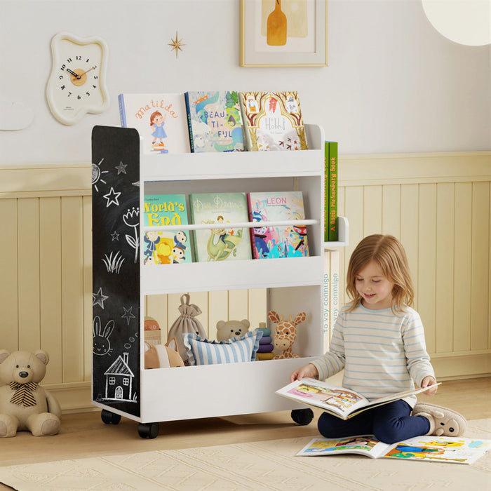 Qaba Kids Bookshelf with Wheels, Double-Sided Book Rack Display with Blackboard, Kids Bookcase Toy Storage Organizer for Nursery, Playroom, Classroom, for 3-8 Years, White