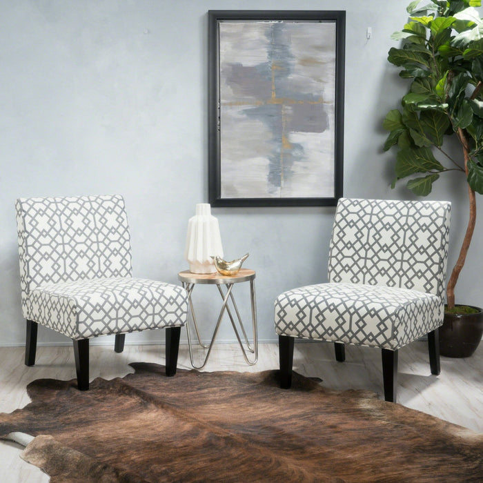 Oliver Linen-look Fabric Accent Chair Set Of 2 With Rubberwood Legs,Grey and Ivory 