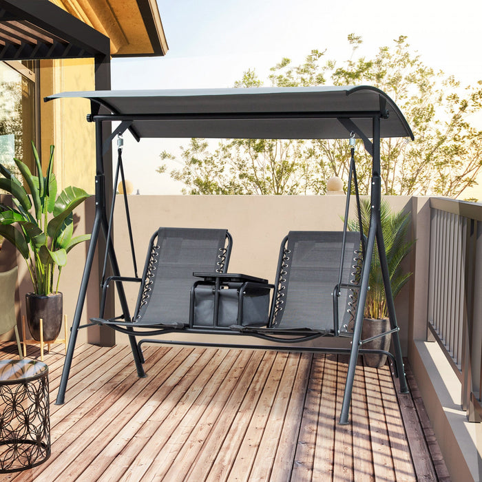 Outsunny 2 Person Patio Swing Chair Porch Swings Bench Swing Glider With Pivot Storage Table, Cup Ho