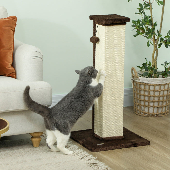 Pawhut 32" Tall Cat Scratching Post For Indoor Cats And Kittens, Vertical Claw Scratcher, Sisal Cat Scratcher With Hanging Ball And Soft Plush, Brown
