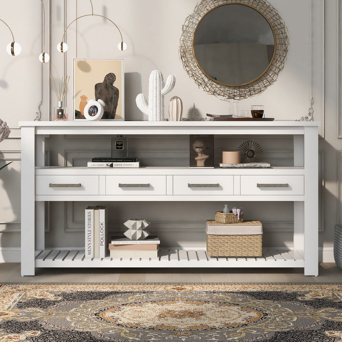 Ava 62.2'' Large Entryway Table with Drawers and Open Shelves,White Sofa Table  