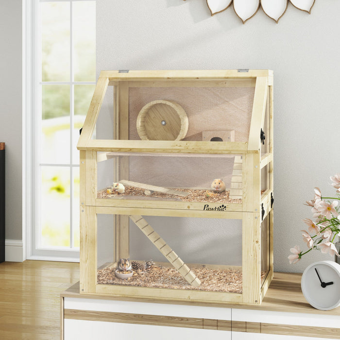 PawHut Wooden Hamster Cage, 3 Tier Gerbil Cage with Detachable 12.6" Deep Bottom, Hut, Seesaw, Exercise Wheel, Ramps, Small Animal Habitat for Dwarf, Rat, 24" x 16" x 29.5"