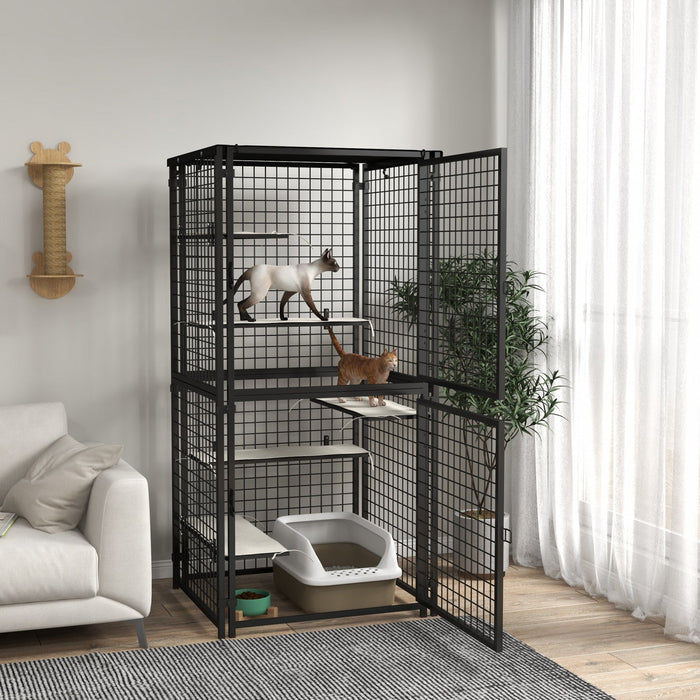 Pawhut 71\"h Large Cat Cage, Multi-level Catio Outdoor Cat Enclosure With Uv-and Water Resistant Cove