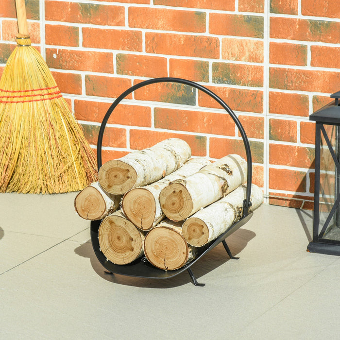 Outsunny 16\" Firewood Log Rack Curved Fireplace Log Holder Wood Storage Basket Carrier With Handle, 