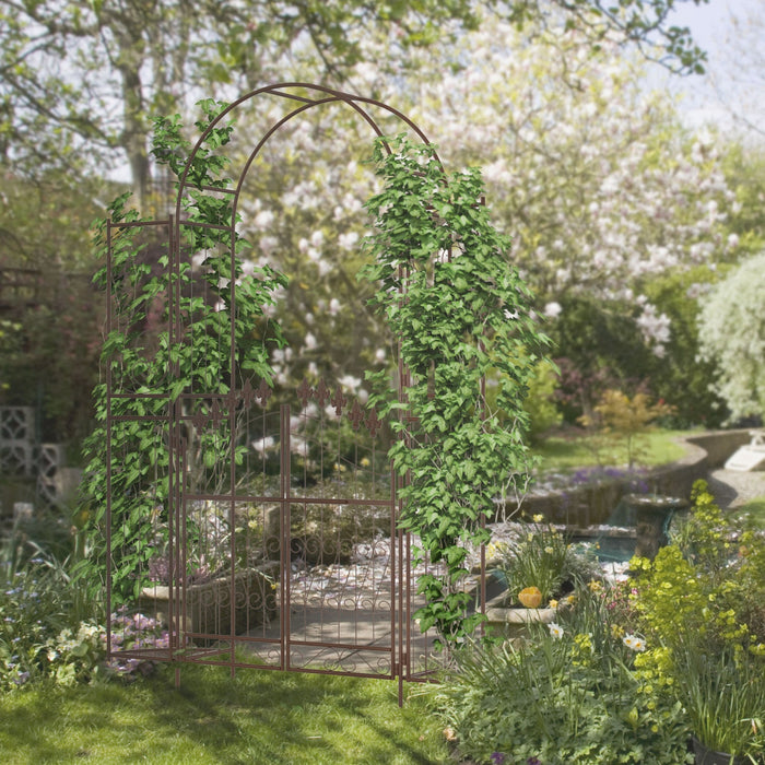 Outsunny 7ft Garden Gate Arbor Wedding Arch With Doors Plant Shelves, Brown