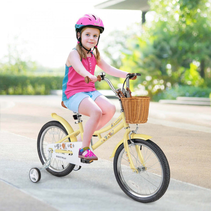 Costway 18" Kids Bike With Height Adjustable Handlebar Seat Basket Bell Training Wheels Yellow