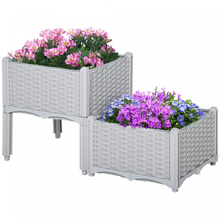 Outsunny 2 Piece Raised Garden Bed PP Raised Flower Bed Light Grey