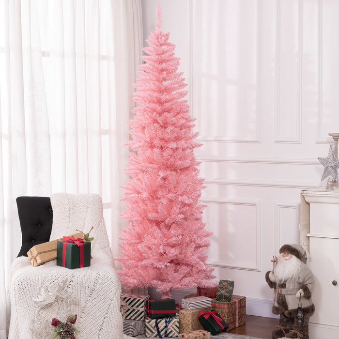 Homcom 7ft Tall Pencil Artificial Christmas Tree With Steel Base, Pink
