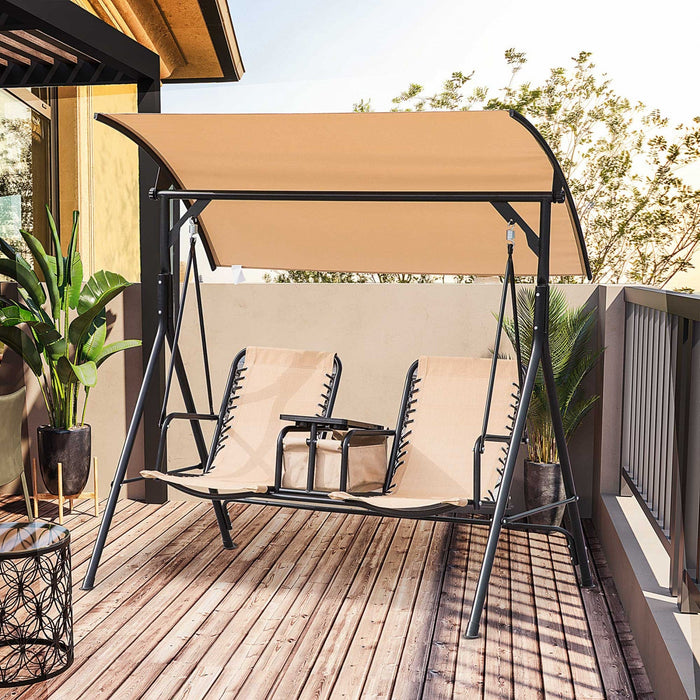 Outsunny 2 Person Covered Porch Swing Patio Swing With Pivot Storage Table, Cup Holder, & Adjustable