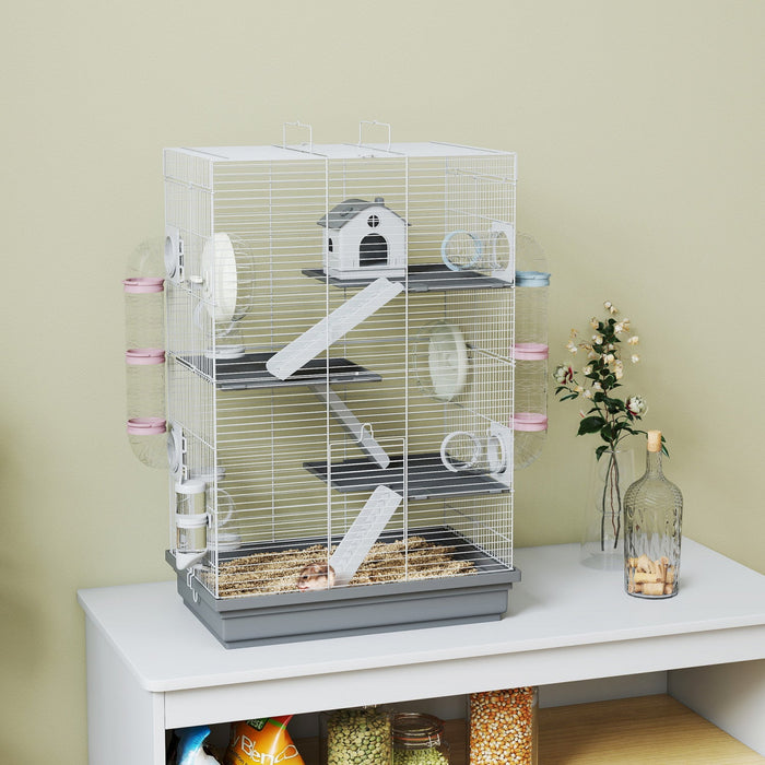 PawHut Hamster Cage, 4-Level Small Animal House with Excerise Wheel, Food Bowl, Water Bottle, House, Tunnels, Ramps, Gerbil Cage for Dwarf Hamster, 18.5" x 12" x 28", Grey