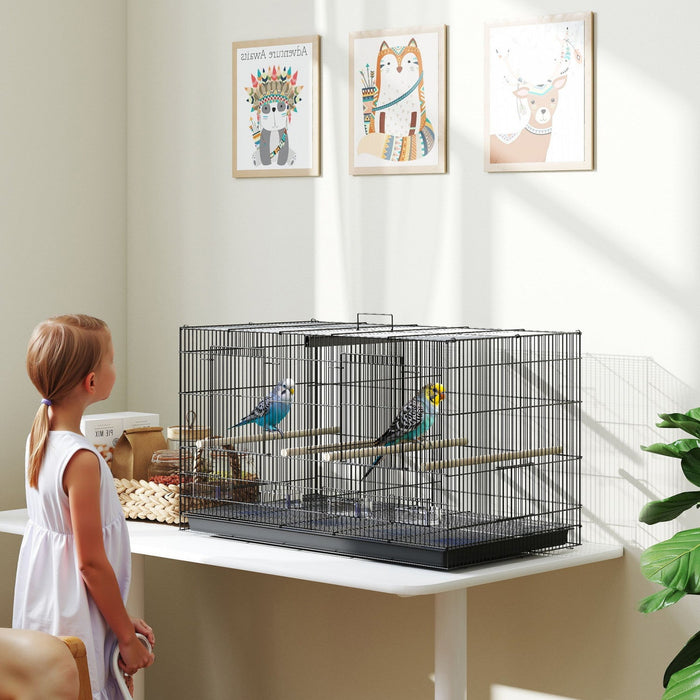 PawHut 18" H Bird Cage, Parakeet Cages for Budgie, Lovebird, Canary, Finches with Divider, 4 Wooden Perches, Slide Out Tray, 4 Feeders, Black