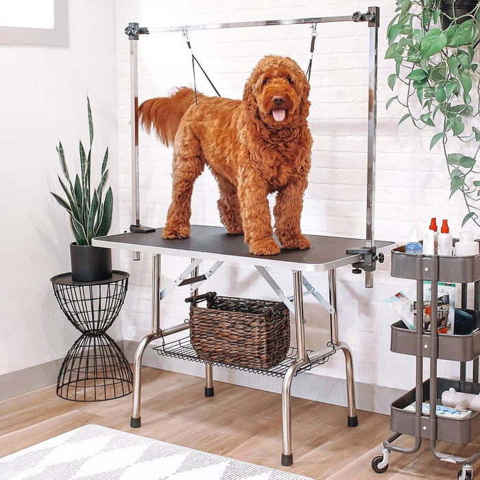 Pawhut Adjustable Dog Grooming Table Rubber Top 2 Safety Slings Mesh Storage Basket Heavy Metal Blac