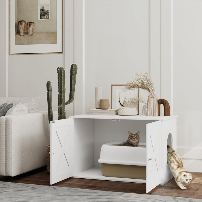 Pawhut Cat Litter Box Enclosure, Hidden Washroom Furniture With Doors, Cat Hole, Handles, Indoor Pet House Side End Table Fit Most Of Cat And Litter Box, 31.5" X 19" X 20", White