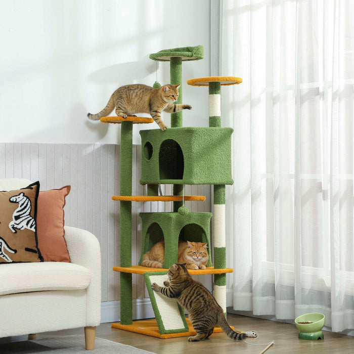 PawHut 63" Cat Tree, Cat Tower for Indoor Cats with Scratching Posts, Cat Condos, Bed, Platforms, Ramp, Toy Ball, Cat Activity Center, Green