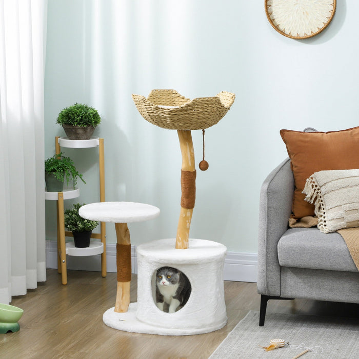 PawHut 40" Cat Tree for Indoor Large Adult Kittens, Real Wood Cat Tower with Sisal Scratching Posts, Condo, Perch, Plush Washable Cushion, White