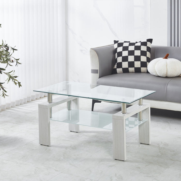 Lucius Modern Geometric Design Tempered Glass Coffee Tablewith Metal Frame and Clear Glass,White  