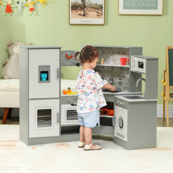Qaba Corner Play Kitchen, Kids Kitchen Playset, Pretend Play Kitchen Set With Lights & Sounds, Stove