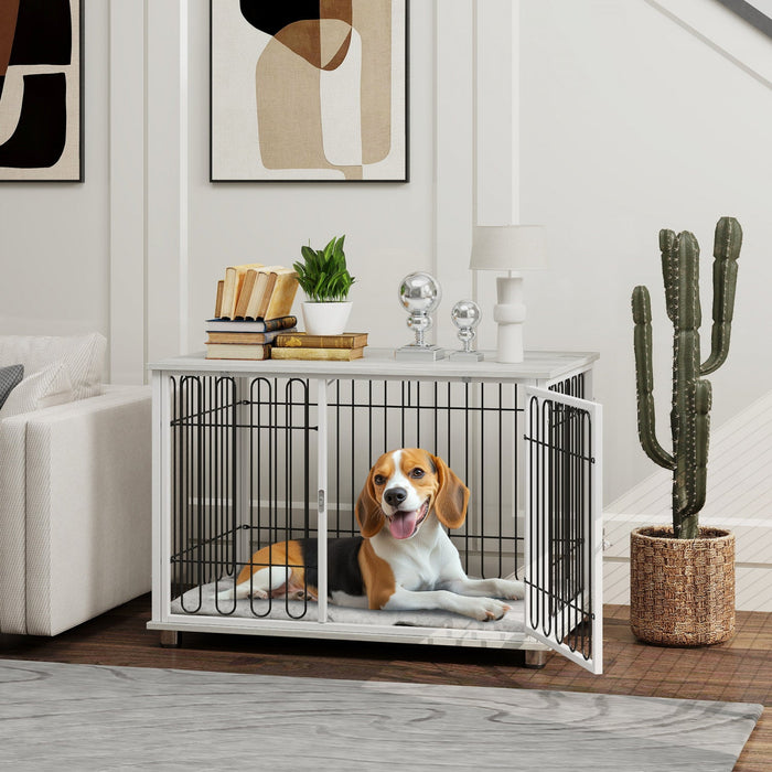 Pawhut 35in Dog Crate Furniture With Washable Cushion, Indoor Dog Kennel End Table With Adjustable F