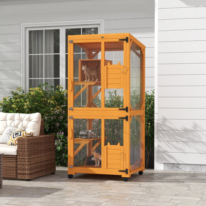 Pawhut 71" H Large Catio Outdoor Cat Enclosure, Wooden Kitten House For Patio, Elevated Design With Wheels, Resting Box, Water-resistant, Multi Platforms, For 1-3 Cats, Orange