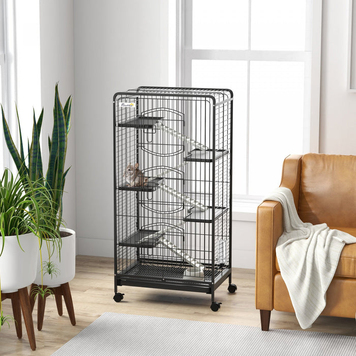 Pawhut 6-tier Small Animal Cage Pet Playpen For Rabbit Ferret Chinchilla On Wheels With Removable Tr