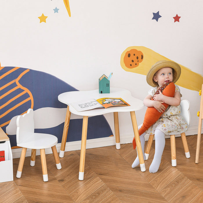 Qaba Kids Wooden Table And 2 Chairs Set Children 3-piece Dining Table With Cute Bear Shape And Round