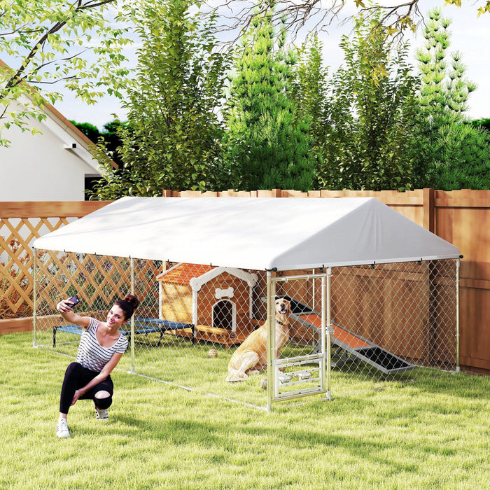 Pawhut Outdoor Dog Kennel With Roof, Heavy Duty Dog Run Outdoor Fence Cage With Adjustable & Rotating Bowls, Waterproof Uv-resistant Cover, Secure Lock, 13.1' X 7.5' X 5.2'