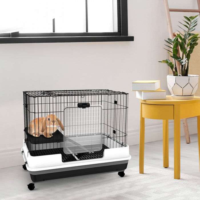 Pawhut 28\"h 2-level Small Animal Cage Rabbit Hutch With Universal Lockable Wheels, Slide-out Tray Fo