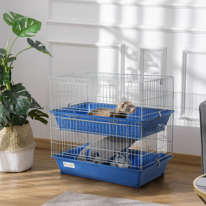 Pawhut Metal Small Animal Cage, 2-tier Guinea Pig Cage With 2 Doors, Platforms, Wide Ramp, Dish And 