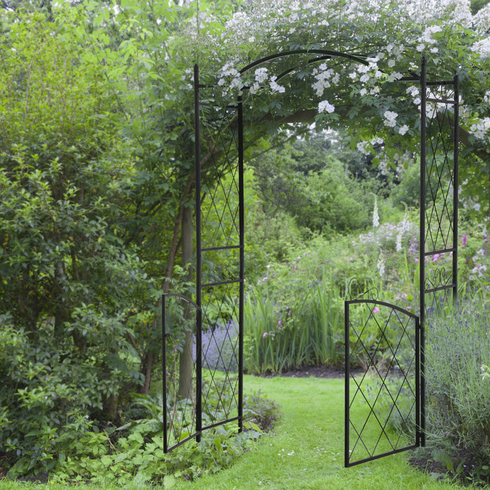 Outsunny 7ft Metal Garden Arch With Gate Climbing Planter Frame Backyard Decor For Vines Morning Glo