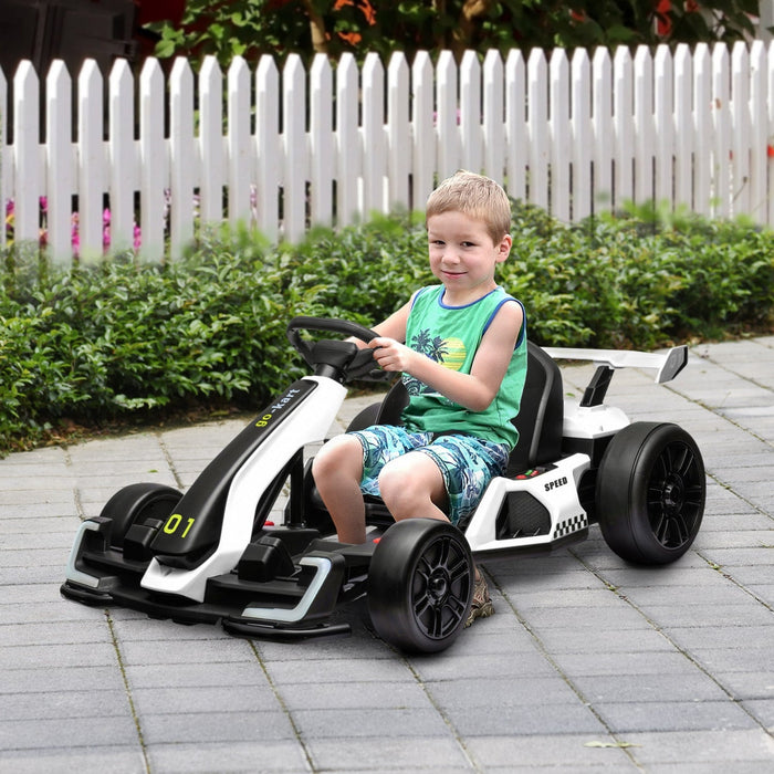 Aosom Go Kart, 24v Electric Kids Drift Kart With Adjustable Seat, Slow Start, Seat Belt, Horn, Music, Light, Battery Powered Ride On Cart For 6-12 Years Old, White