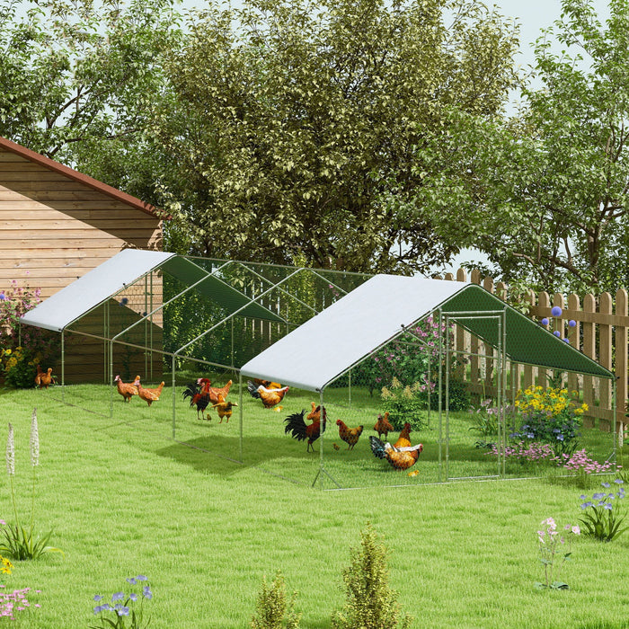 Pawhut Metal Chicken Coop, Walk-in Large Chicken Run, Poultry Cage For 30-40 Hen, Duck, Rabbit With Water- And Uv-protection Cover, For Backyard, Garden, 9.8' X 32.8' X 6.4'