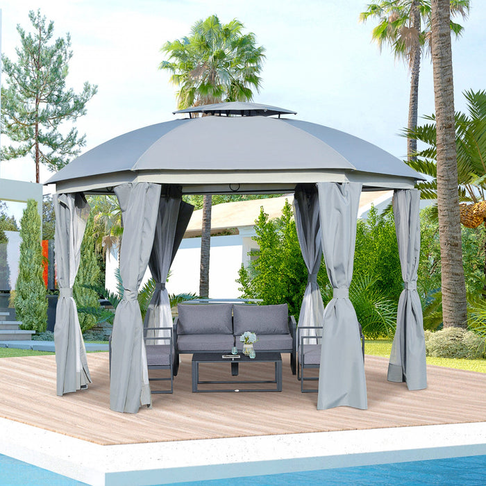 Outsunny 12' X 12' Round Outdoor Gazebo, Patio Double Soft Top Gazebo Canopy Shelter With Zipper Net