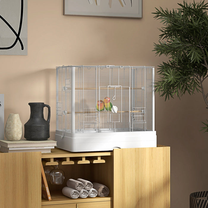 Pawhut 22" Bird Cage For Budgie, Finches, Canaries, Love Birds, Large Parrot Cage With Wooden Stands, Slide-out Tray, Handle, Food Containers, White