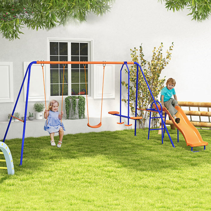Outsunny 4 In 1 Metal Swing Set With Double Swings, Glider, Slide, Ladder, Kids Swing Set For Backya