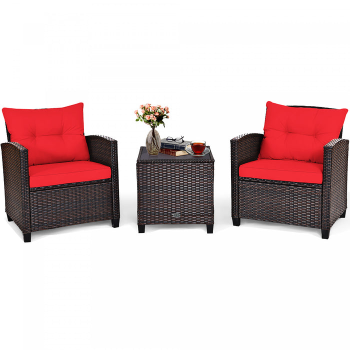 Costway 3pcs Patio Rattan Furniture Set Cushioned Conversation Set Sofa Coffee Table Red