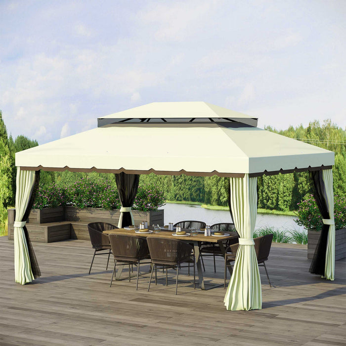 Outsunny 10 X 13ft Aluminum Frame Gazebo Canopy Double Tier Garden Shelter With Netting And Curtains