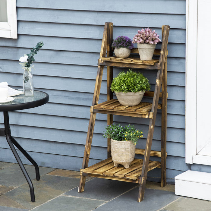 Outsunny Outdoor Plant Stand, Foldable Flower Stand 3-tier Wooden Plant Shelf For Garden Indoor Outd
