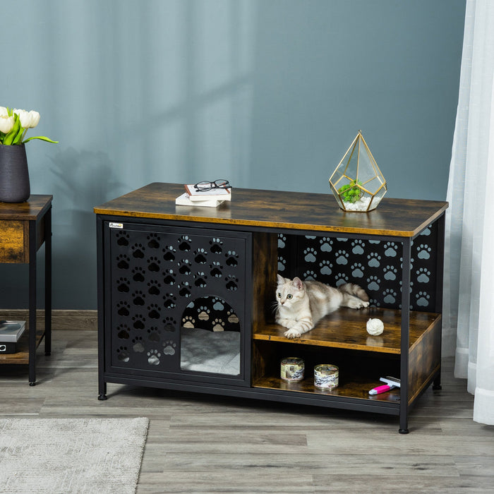 Pawhut Wooden Cat House End Table Furniture Style Kitty Shelter Bed With Washable Cushion Hideaway C