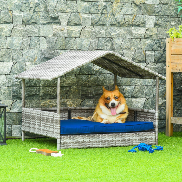 Pawhut Elevated Rattan Dog House Outdoor With Canopy, Wicker Dog Bed With Water-resistant Cushion, F