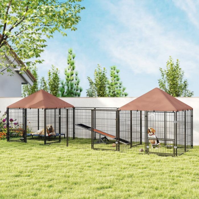 Pawhut Outdoor Dog Kennel With Two Rooms, Dog Run Outdoor With Rotating And Adjustable Height Bowls, Waterproof Uv-resistant Cover, Secure Lock, 16.2' X 4.7' X 5.1'