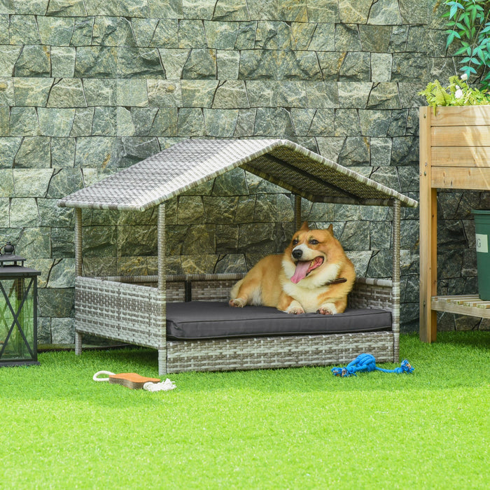 Pawhut Elevated Rattan Dog House Outdoor With Canopy, Wicker Dog Bed With Water-resistant Cushion, F
