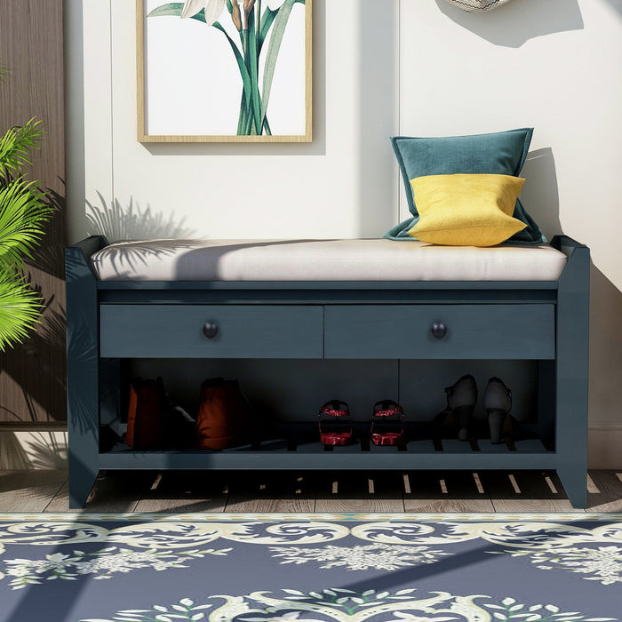 Stephanie Pine Wood Shoe Rack Bench With Cushioned Seat With Storage Drawers - Antique Navy 