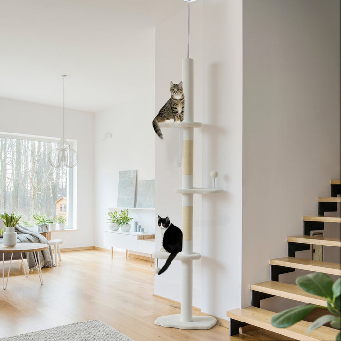 PawHut Floor to Ceiling Cat Tree with Scratching Posts, 88.5"-100.5" Adjustable Height Cat Tower with Cloud Shaped Platforms, Dangling Balls, Cream