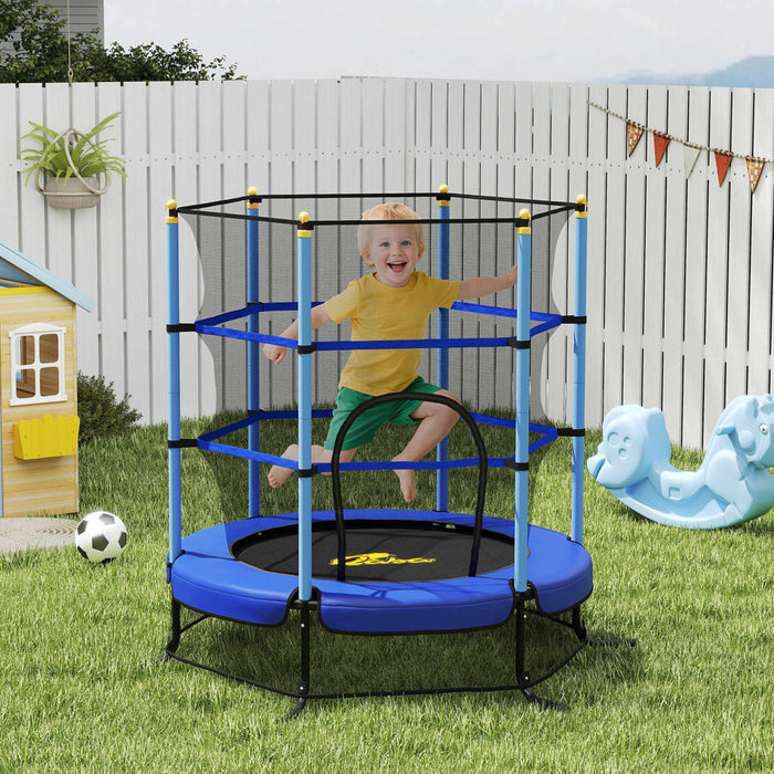 Qaba Kids Trampoline with Safety Enclosure Net and Built-in Zipper Safety Pad, Indoor Outdoor Exercise Fitness Equipment for Children Toddler Age 3-10 Years Old, Blue