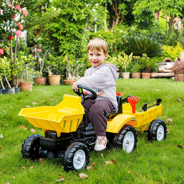 Aosom Ride On Toy Pedal Dump Truck, Front Loader Construction Tractor With Detachable Trailer, Yello