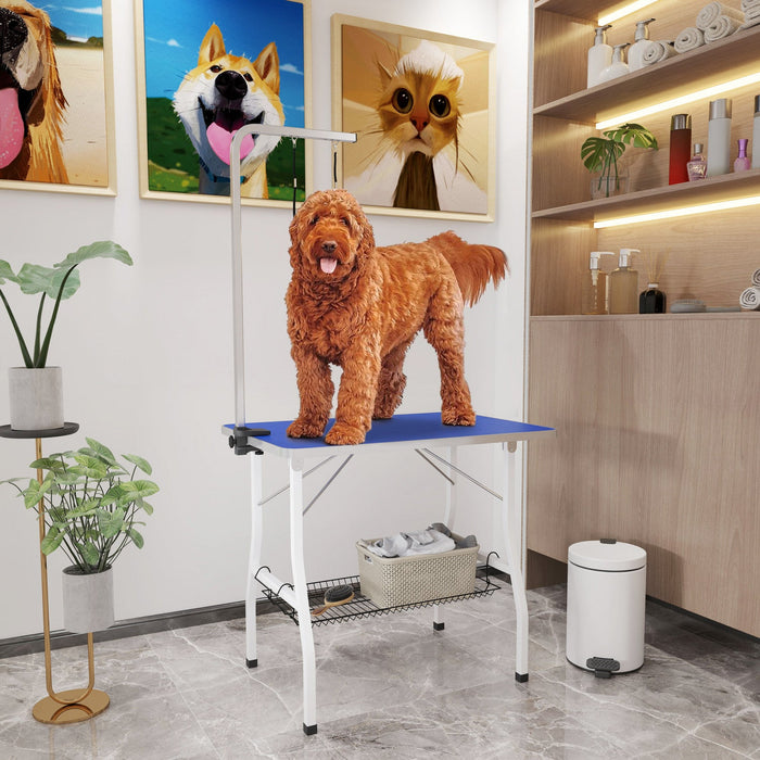 Pawhut 35in Dog Grooming Table With Adjustable Arm, Foldable Pet Grooming Table With Mesh Tray, Two 