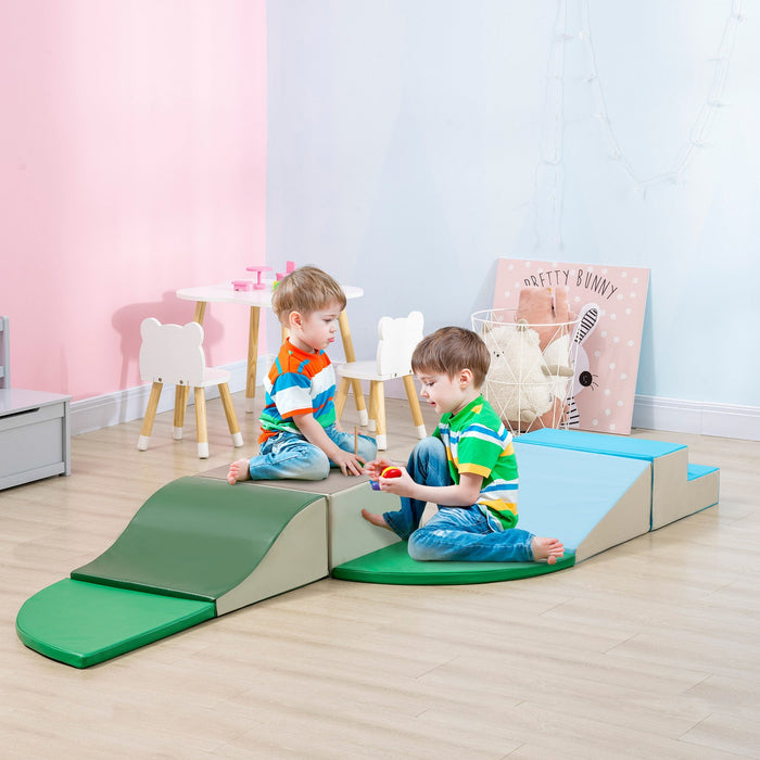 Qaba Kids Soft Play Set, 6-piece Foam Blocks Set For Toddlers To Climb, Crawl, Slide, Safe Indoor Play Equipment For Kids 12-36 Months, Blue, Green