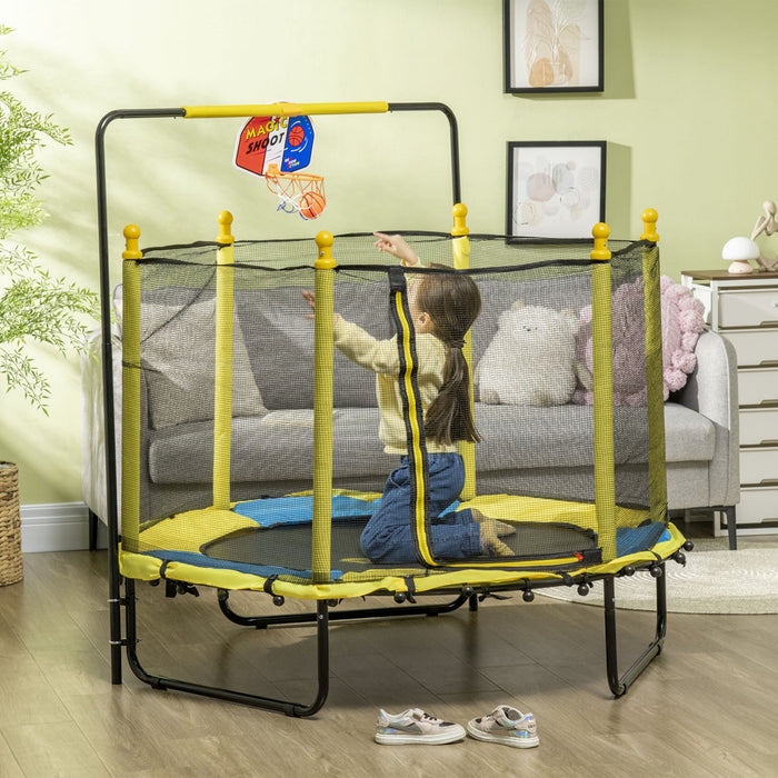 Qaba 55" Trampoline for Kids, 47.2"-55.1"H Indoor Outdoor Toddler Trampoline with Safety Enclosure Net, Baby Recreational Play for Boys and Girls, Ages 3-10, Yellow